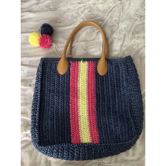 Talbots Large 14” Natural Woven Straw Tote Beach Bag Navy Magenta Yellow - Picture 2 of 8
